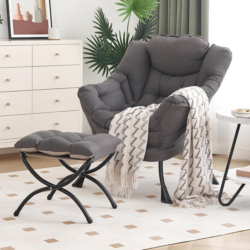Furlide Lazy Chair with Ottoman, Modern Chair with Folding Footrest, Lounge Accent Chair, Comfortable Reading Chair, Oversized Armchairs for Bedroom, Study, Living Room, Courtyard (Dark Grey) - Image 1